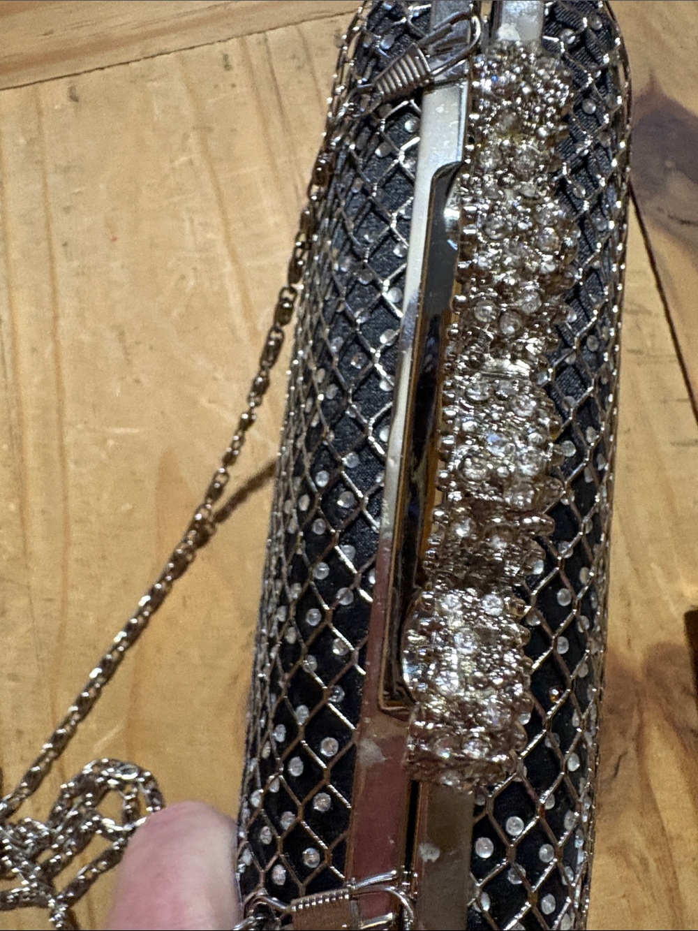 Black “Rachel” Rhinestone Knuckle-Handle Evening Clutch with Chain - Picture 6 of 6